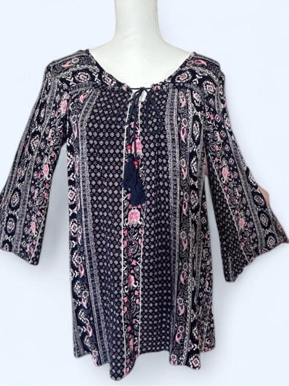 Angie Boho Paisley Bell Sleeve Tunic Mini Dress S Tassel